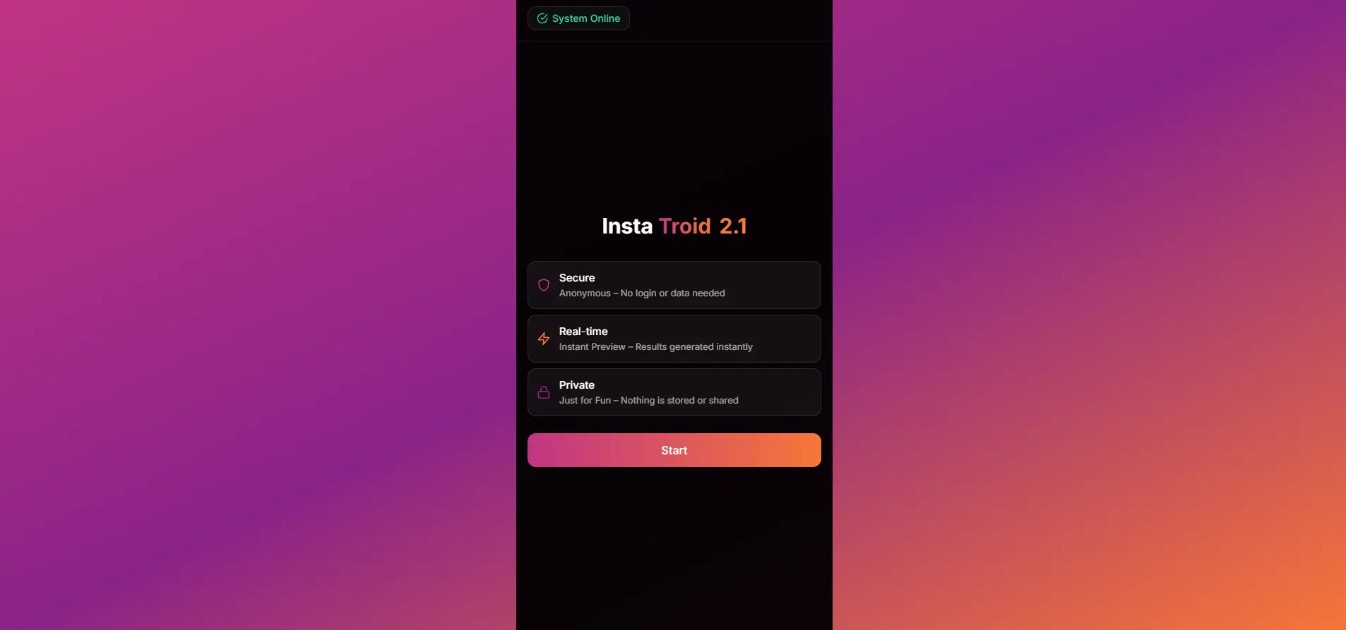 A screenshot of the Instatroid 2.0 dashboard displaying a list of recent anonymous profile visitors with timestamps.